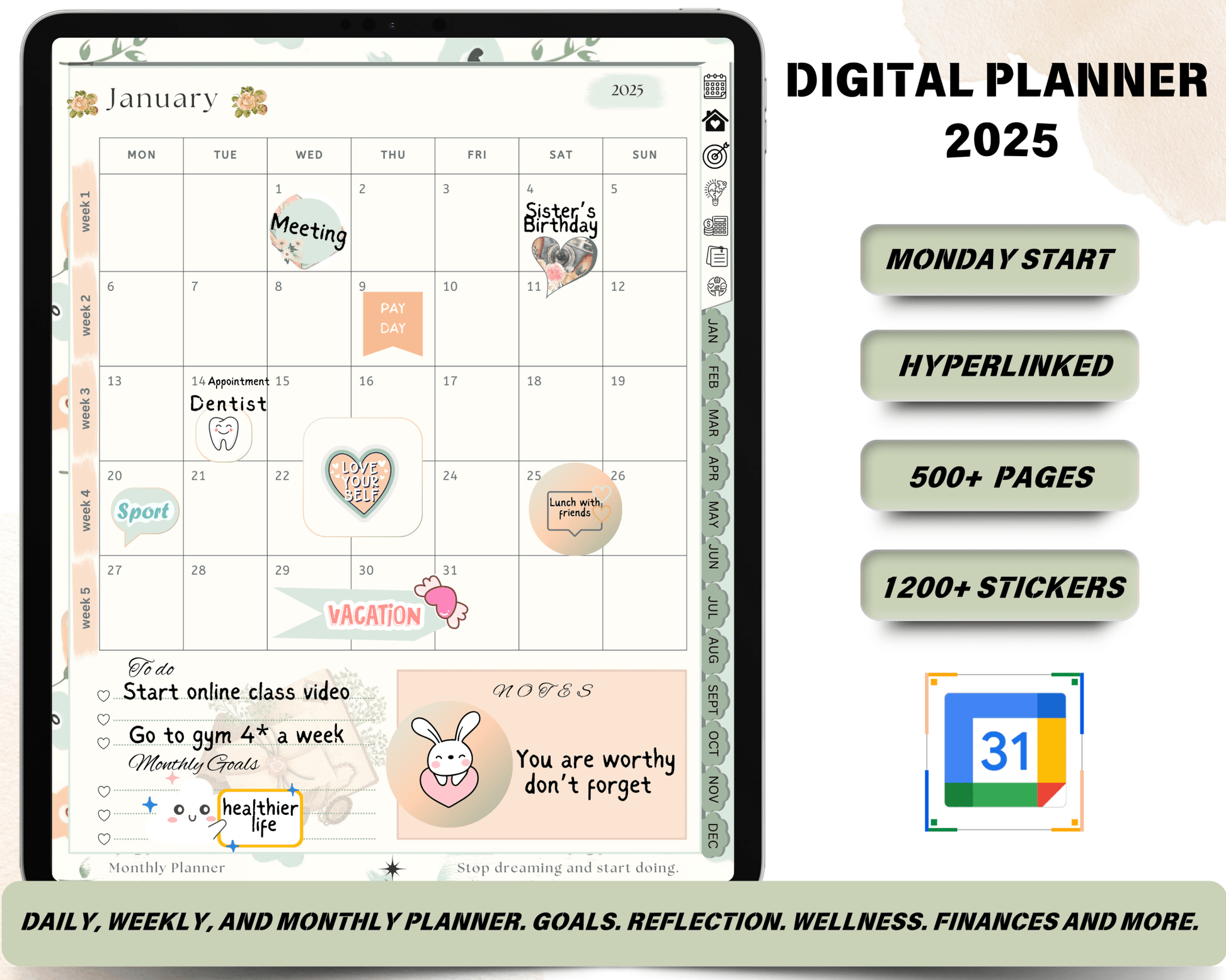 All - In - One Digital Planner 2025 - Green Color - Marigold Glow